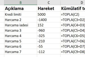 excel kümülatif toplam