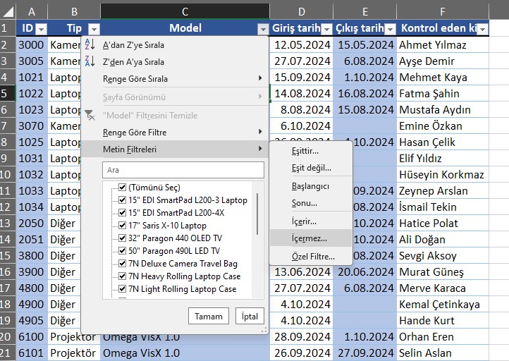 excel filtreleme