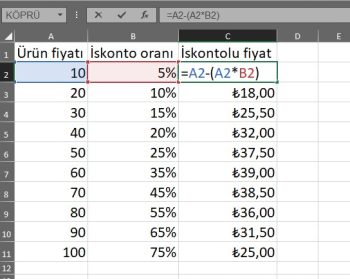 excel iskonto hesaplama