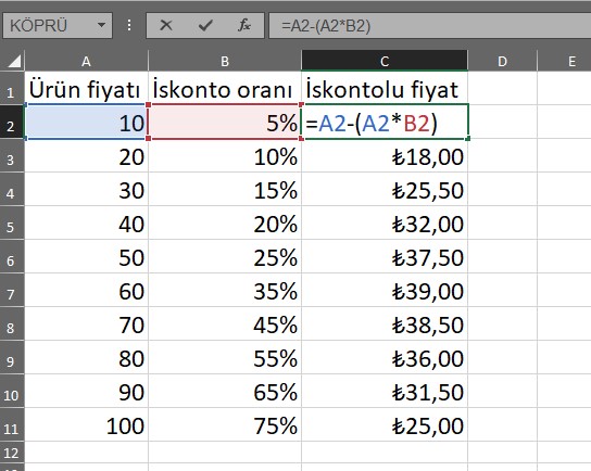 excel iskonto hesaplama