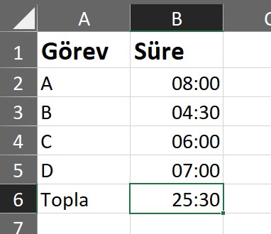 excel iki saat arası