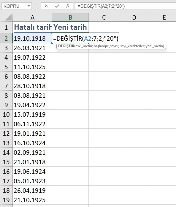 excel yerinekoy formülü