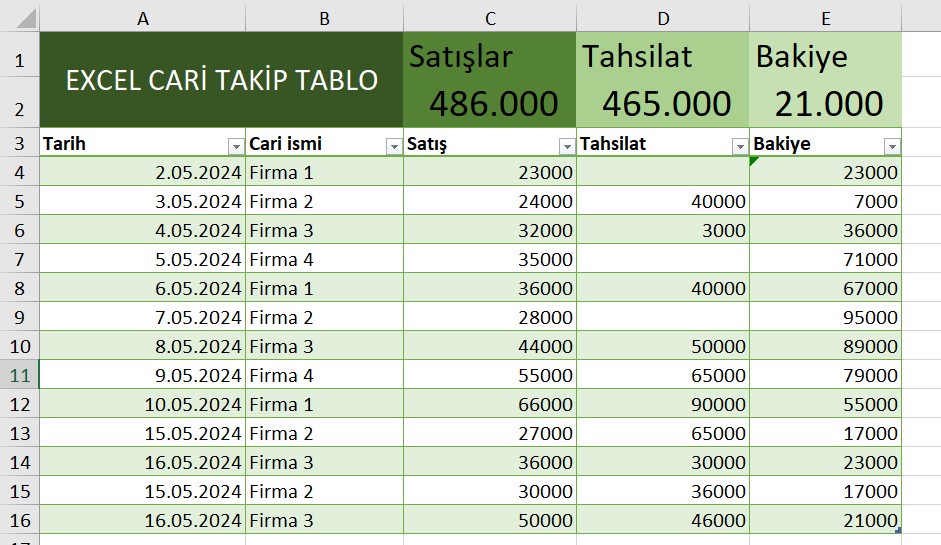 excel cari hesap takip tablo