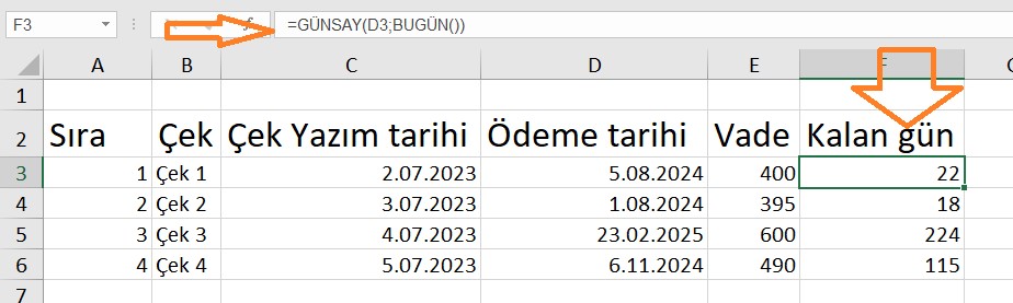 excel çek vade hesaplama