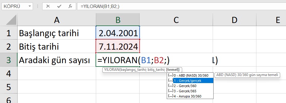 excel tarih formülleri